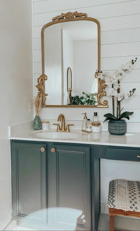 Sage Green Cabinets, Sage Green House, Farmhouse Style Bathroom, Gold Ornate Mirror, Gold Bathroom Decor, All Ideas, Ship Lap, Clean Bathroom, Bathroom Farmhouse Style