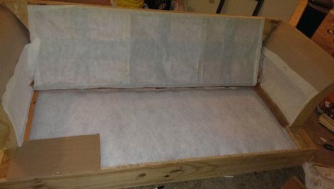 then I applied a layer of batting and also pieces of cardboard across the front to help support the top of the foot. Couch Redo, Reupholster Furniture, Diy Couch, Rv Remodel, Small Wood Projects, Reupholster, You've Been, Cushion Covers, Slipcovers