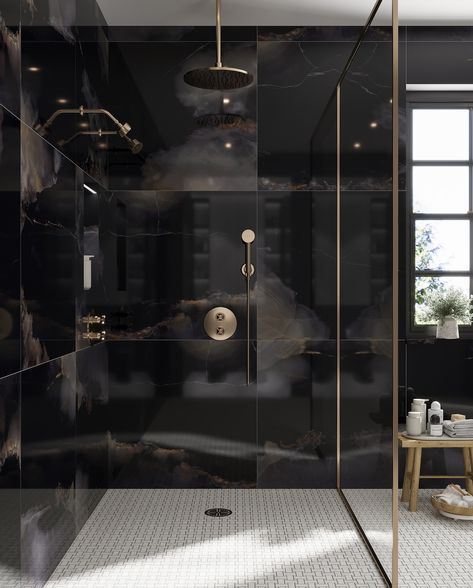 Revive your bathroom into a serene oasis with Tile Club’s exquisite collection of tiles. From elegant marble to vibrant mosaics, our tiles bring style and sophistication to any space. 🌿✨ #TileClub #BathroomGoals #ShowerDesign #InteriorDesign #HomeDecor #TileInspiration Black On Black Shower Tile, Bronze And Black Bathroom, Black Marble Shower Walls, Black Marble Bathroom Ideas, Black Marble Bathroom Floor, Black Marble Tile Bathroom, Black Tiled Bathroom, Edgy Bathroom, Bathroom Granite Countertops