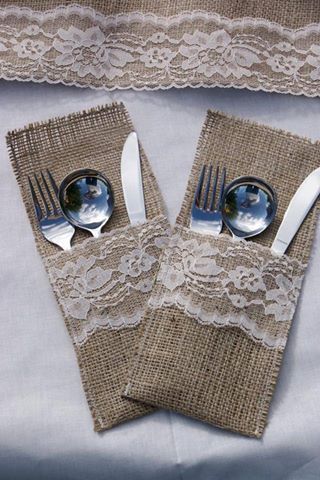 Burlap Projects, Lace Table Runners, Cutlery Holder, Burlap Crafts, Burlap Lace, Lace Table, Decoration Table, Spoons, Table Runners