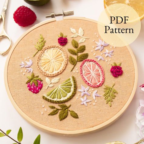 Cross Stitch Patterns Fruit Embroidery Patterns Easy, Raspberry Embroidery Patterns, Citrus Embroidery Pattern, Hand Embroidered Fruit, Orange Embroidery Fruit, Grapefruit Embroidery, Lemon Embroidery Pattern, Embroidery Citrus, Lemons Embroidery