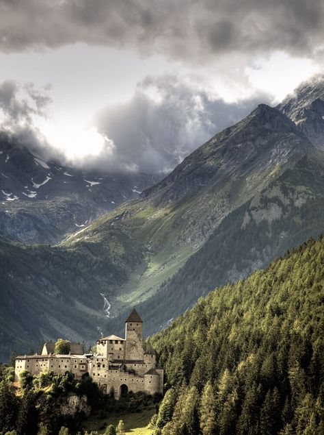 Castle Taufers in South Tyrol Castle In The Middle Of The Forest, Castle Surrounded By Forest, South Tyrol Italy, Castle In Mountains, Castle In Forest, Mountain Castle, Bookstagram Posts, Dramatic Fashion, Romantic Backdrop