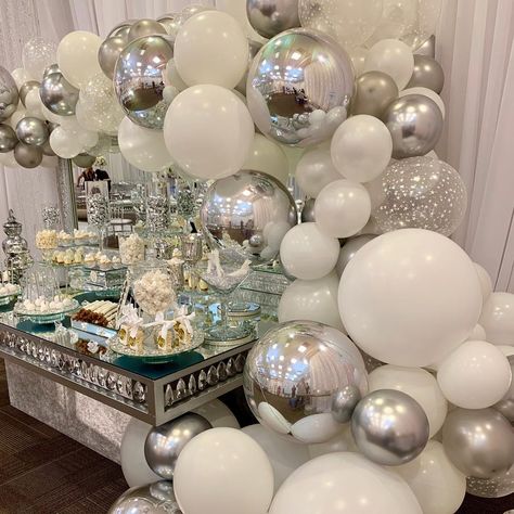 B&T Events on Instagram: “Balloons and Bling for this beautiful anniversary party!  #balloons#eventdecor #candybar #candytable #dessert #desserttables #eventstylist…” Diamonds And Pearls Prom Theme, 75th Diamond Birthday Party, Diamond Theme Bridal Shower Ideas, Diamonds Birthday Party Theme, Diamonds & Pearls Theme, Diamond Prom Theme, Diamond Birthday Theme Party Ideas, 1 Year Wedding Anniversary Party, Diamond Anniversary Decorations