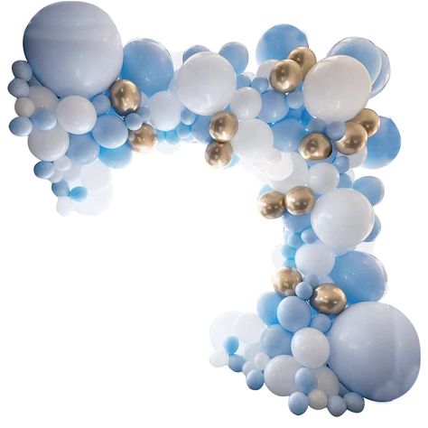 PRICES MAY VARY. PACKAGE INCLUDING: 6pcs 18inch Balloons(3pcs Blue + 3pcs white), 50pcs 10inch balloons(20pcs white +30pcs blue), 50pcs 5inch balloons(20pcs white + 30pcs blue), 10pcs 5inch metal gold balloons, 5pcs 10inch metal gold balloons,1 roll of 16 feets arch balloon strip tape, 1 roll of glue dots, 2pcs Hooks.1 rolls of ribbon and 1 knotter. Latex balloons are strong and durable, support helium or air, balloons come with tools and balloons glue, very easy to assemble. Simply inflate your White Gold Balloon Arch, Gold Balloon Arch, Blue Party Decorations, Gender Reveal Party Supplies, Blowing Up Balloons, Blue Confetti, Gold Confetti Balloons, Balloon Stands, White Balloons