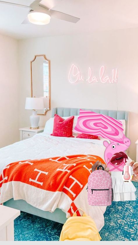 #myfirstshuffle Cute Trendy Bedroom Ideas, Plain Room With Pops Of Color, Cute Preppy Beds, Cute Room Ideas Bright Colors, White Bedroom Colorful Accents, Teen Girl Bedrooms Preppy, Bright Aesthetic Bedroom, White With Pops Of Color Bedroom, White Bedroom With Colorful Accents