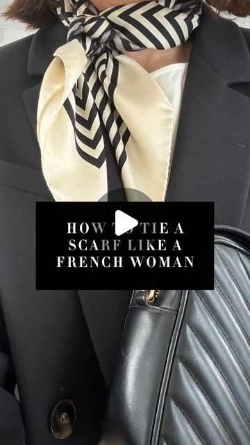 La Vie On Grand | Noelani Meirowsky on Instagram: "How to easily elevate an outfit, put on a scarf. I love the way French women wear scarves no matter the occasion. You can take a simple outfit of jeans, a top, and a blazer and instantly add polish. This scarf is 90x90cm but this will work with any size. Scarf @ysl Blazer @sezane Jeans @agolde Silk Top @sezane Shoes @sezane" Zara Scarf Outfit, How To Tie A Scarf Like A French Woman, Silk Scarf Outfit Classy Work Wear, Blazer Scarf Outfit, Women Scarf Outfits, How To Wear A Neckerchief, Scarf And Blazer Outfit, Ways To Wear Silk Scarf, How To Wear Silk Scarf