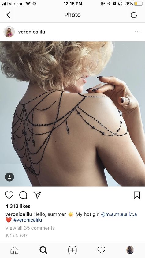 Henna Bead Design, Shoulder Drape Tattoo, Bead Tattoo, Lace Thigh Tattoos, Lingerie Tattoo, Chandelier Tattoo, Earthy Tattoos, Cute Henna Tattoos, Henna Style Tattoos