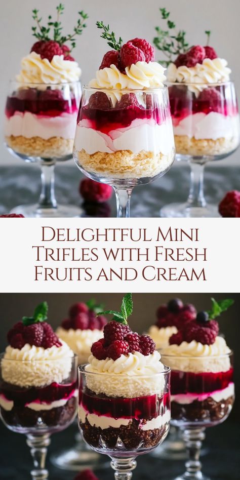 These Delightful Mini Trifles are layered with fresh fruits, creamy custard, and soft sponge—an elegant and refreshing dessert perfect for any occasion!

Ingredients:

1 pack of sponge fingers or ladyfingers
1 cup of mixed fresh berries (strawberries, raspberries, blueberries)
2 cups of custard
1 cup of whipped cream
1/4 cup of jelly (prepared and set)
2 tablespoons of berry jam
1/4 cup of shredded coconut (optional)
1 tablespoon of chopped pistachios (optional)
Fresh mint leaves for garnish Strawberry Trifle Cups, Mini Christmas Trifle Desserts, Mini Trifle Recipes, Mini Trifle Cups, Mini Trifles Desserts, Triffle Desserts Cups, Triffle Desserts Simple, Individual Desserts In A Cup, Fruit Cups For Party