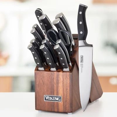 Buy Viking 15-Piece Knife Set With Wood Block : Viking at SamsClub.com Viking Kitchen, Wood Cutlery, Cutlery Storage, Wood Knife, Finger Guard, Knife Block Set, Cutlery Sets, Stainless Steel Cutlery, Santoku Knife