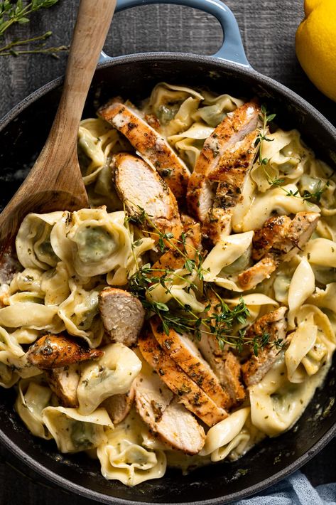 Creamy Lemon Herb Roasted Chicken + Spinach Tortellini - Orchids + Sweet Tea Lemon Chicken Tortellini, Chicken Ravioli Recipe, Ravioli With Chicken, Lemon Herb Roasted Chicken, Spinach Tortellini, Cooking With White Wine, Chicken Tortellini, 2024 Recipes, Chicken Spinach