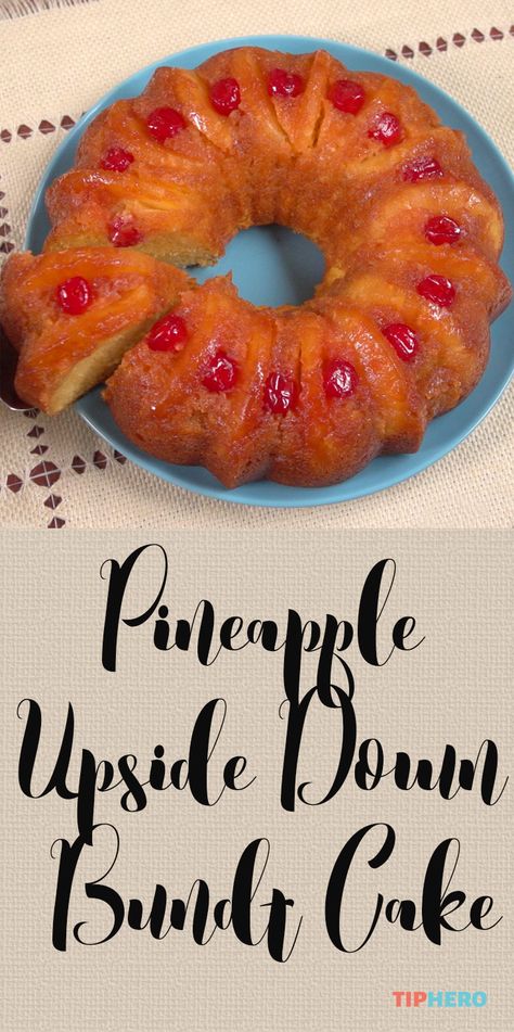 Pineapple Upside Down Bundt Cake Recipe |  Pineapples, cherries, yellow cake mix,  and vanilla pudding mix come together perfectly in this tropical inspired dessert. Perfect for summer gatherings!  Click to watch how easily it all comes together - it'll make you look like a pro in the kitchen!  #baking #desserts #cakes #homecooking #yum Cake Mix And Vanilla Pudding, Pineapple Upside Down Bundt Cake Recipe, Pineapple Upside Down Bundt Cake, Pineapple Upside Down Bundt, Upside Down Bundt Cake, Desserts Nutella, Bundt Pan Recipes, Cake Bundt, Smores Dessert