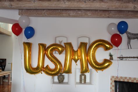 USMC balloons from Party City! Marines Decorations Party, Marine Coming Home Party, Welcome Home Marine Party, Marine Welcome Home Party, Marine Graduation Party, Marine Party Ideas, Marine Corps Party Ideas, Usmc Retirement Party Ideas, Boot Camp Graduation Party