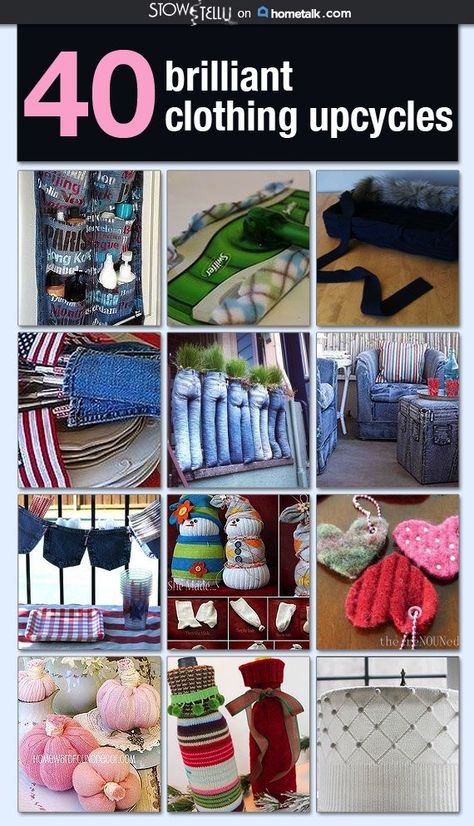 What To Make From Old Clothes, Things To Make With Recycled Materials, Repurpose Clothes Diy, Crafts With Old Clothes, Upcycled Clothes Ideas, Upcycled Sewing Projects, Cloth Craft Ideas, Old Clothes Crafts, Repurposing Clothes