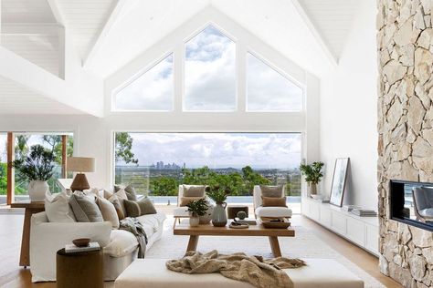 From to sweeping views and a serene interior Raked Ceiling, Gallery Furniture, Coastal Design, Resort Style, Lounge Room, Coastal Homes, Coastal Style, Lounge Sets, Fixer Upper