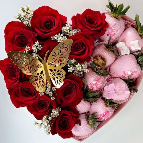 Flower And Strawberry Gift Boxes, Heart Box With Strawberries, Heart Box With Flowers And Chocolate, Heart Box Strawberries, Rose And Strawberry Bouquet, Flower And Strawberry Arrangement, Strawberries And Roses Arrangement, Heart Box With Roses And Strawberries, Roses And Strawberries Bouquet