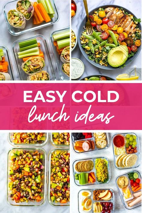 These easy cold lunch Ideas are perfect for meal prepping to bring to work—they're make ahead options that don't need to be reheated! Meal Prep Cold Lunches To Work, Easy Cold Lunches, Easy Meal Prep Lunches To Work, Lunches Under 300 Calories, Easy Cold Lunch Ideas, Healthy Cold Lunches, No Heat Lunch, Packable Lunches, Cold Lunch Ideas