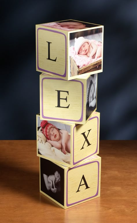 Wooden Blocks Diy, Baby Cubes, Cube Decor, Photo Cube, Baby Shower Sweets, Photo Cubes, Simple Birthday Decorations, Picture Layouts, Photo Wall Decor