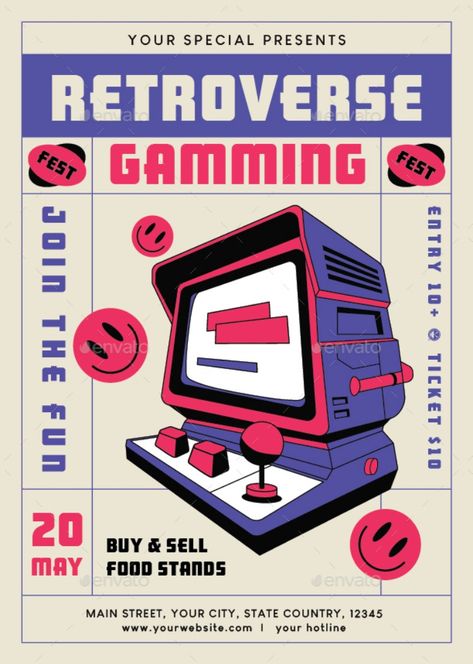 Retro Gaming Flyer Video Game Advertisement, Canva Retro Template, Gaming Event Poster, Game Advertising Design, Retro Gaming Poster, Retro Layout Design, Games Poster Design, Video Game Poster Design, Video Game Graphic Design