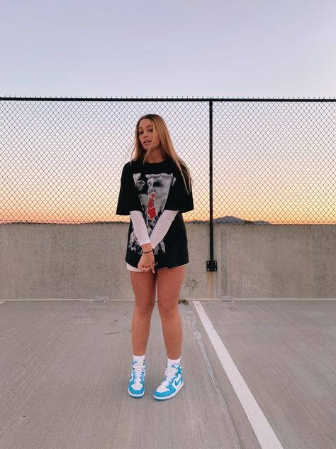 Navy Jordans Outfit, High Top Air Jordans Outfit, Outfits To Wear With Blue Jordan 1s, Summer Jordans Outfit, Classy Jordan Outfits, Womens Dunk High Outfit, Dunk High Top Outfit, Teal Jordans Outfit, Jordan High Tops For Women Outfit