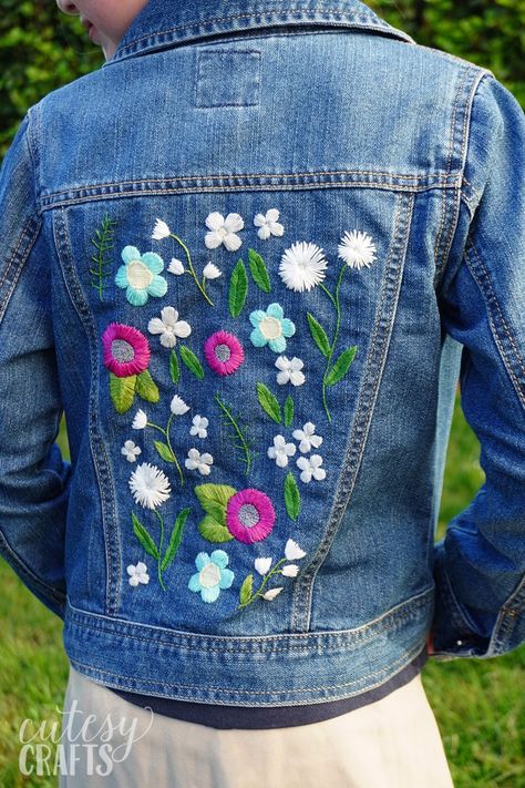 DIY Denim Jacket with Embroidery - Cutesy Crafts Embroidery On Jean Jackets Diy, Denim Jacket Applique, Denim Jacket Embroidery Ideas Diy, Embroider Jean Jacket Diy, Denim Jacket Applique Diy, Jean Jacket Embroidered, Applique Denim Jacket, Embroidering Clothes Diy, Jean Jacket With Patches Diy