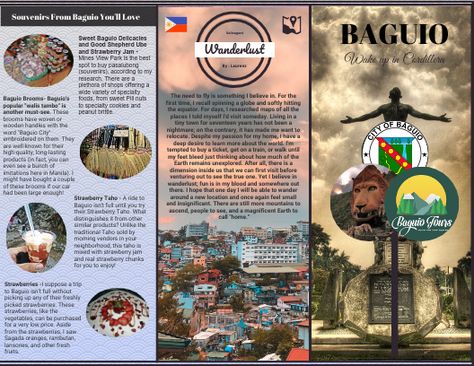 Brochures Ideas For School, Baguio Travel Brochure, Baguio City Brochure, Baguio Brochure, Infographic Brochure Design, Aesthetic Brochure Ideas, Brochure Aesthetic, Brochure Design Ideas, Travel Brochure Design