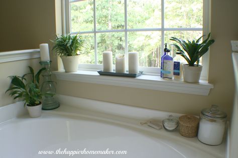 Decorating Around a Bathtub                                                                                                                                                      More Decorating Around Bathtub, Garden Tub Decor, Garden Tub Decorating, Bathroom Tub Decor, Tub Decorating Ideas, Window Ledge Decor, Ledge Decor, Window Sill Decor, Bathtub Decor