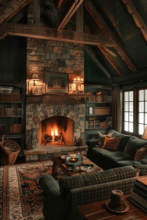 45  Dark Green Living Room Ideas to Create a Luxe Atmosphere Green Cabin Living Room, Dark Academia Living Room Fireplace, Mushroom Living Room Walls, Grey And Hunter Green Living Room, Dark Green Home Interiors, Dark Forest Living Room, Forest Green Home Decor, Moody Living Room With Fireplace, Forest Green Room