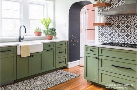 Kitchen with patterned tile backsplash and green cabinets. Design by Airy Kitchens. Photo by Max Grudz. Patterned Tile Backsplash, Arabesque Tile, Green Kitchen Cabinets, Pink Tiles, Green Cabinets, The Tile Shop, Kitchen Tile, Kitchen Trends, Green Kitchen