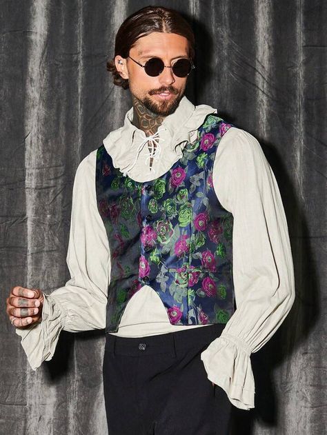 Whimsical Outfit Men, Floral Outfit Men, Renfaire Outfit Men, Tea Party Outfit Men, Campy Fashion, Men Wedding Attire Guest, Men Vest Outfits, Medieval Clothing Men, Party Outfit Men