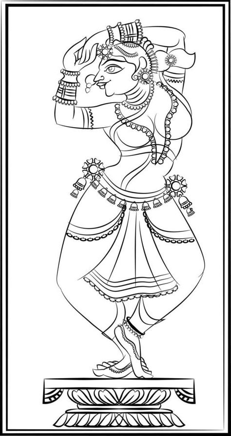 Lord's Gopika, Sevika, or lady servants have drawn in Indian folk art, Kalamkari style. for textile printing, logo, wallpaper Fancy Lady Drawing, Kalamkari Sketches, Indian Art Style, Indian Lady Drawing, Indian Folk Art Drawing, Indian Line Art, Kalamkari Drawing, Tracing Drawings, Odisha Pattachitra