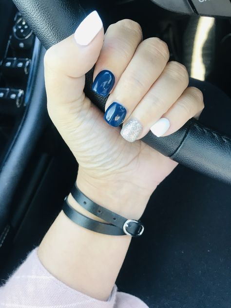 Navy Blue And Grey Nails Acrylic, Navy Blue White And Silver Nails, Blue And Silver Nails Acrylic, Navy And White Nails, Blue White And Silver Nails, Fall Nails Blue, Cousin Wedding, Nails Navy, November Nails Fall