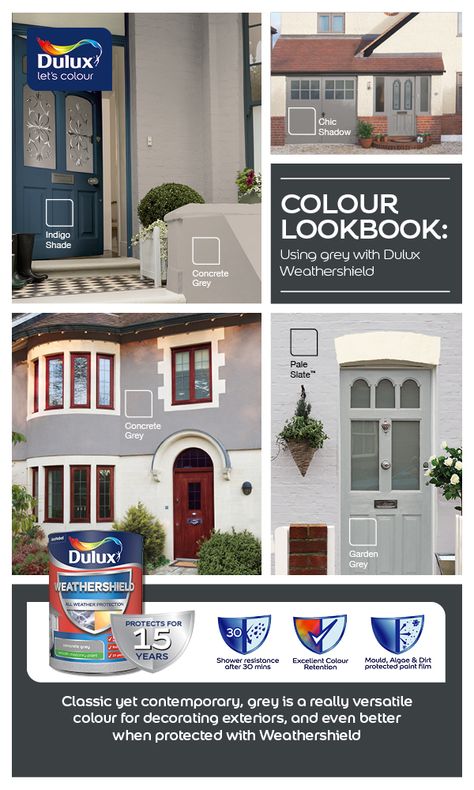 Colour Lookbook Weathershield Greys Dulux Weathershield Exterior Colours, Dulux Exterior Colours, Dulux Exterior Paint Colours, Exterior House Colours, Dulux Exterior Paint, Exterior Paint Combinations, Dulux Paint Colours, Dulux Weathershield, Exterior Color Combinations