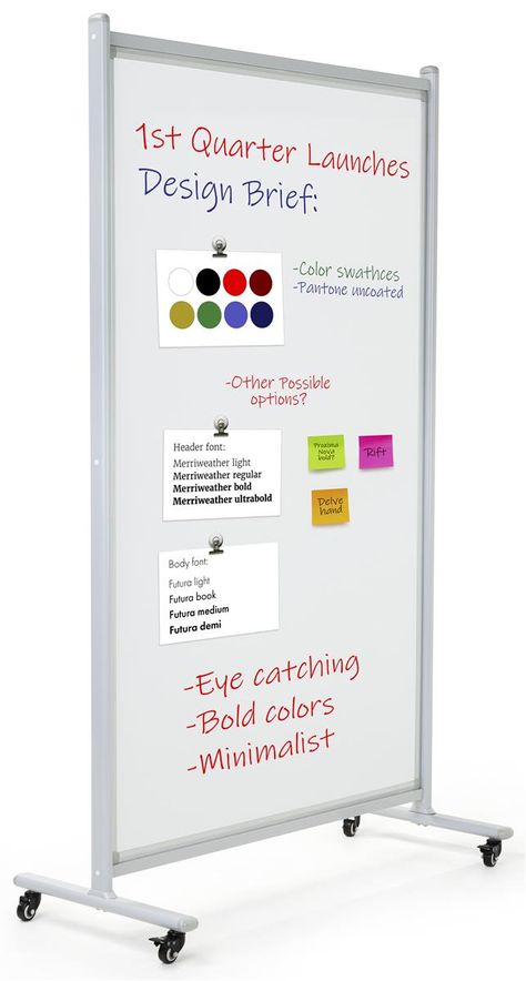 40 x 70 Write-On Board, Floor Stand w/ Wheels, Dry Erase, Double Sided - White Rolling Room Divider, Email Quotes, Design Studio Workspace, Team Organization, Marker Stain, Light Font, Magnetic Whiteboard, Sneeze Guards, Planning Board