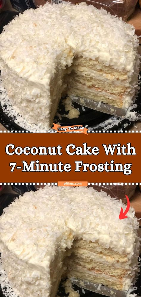 Celebrate any occasion with the light and fluffy Coconut Cake with 7-Minute Frosting, a classic dessert that's as beautiful as it is delicious. Each layer of this tender cake is infused with the sweet aroma of coconut, then frosted with a light, marshmallow-like frosting that's a joy to eat. It's a piece of tropical paradise on a plate, perfect for birthdays, holidays, or whenever you need a little bit of sweetness in your life. #CoconutDream #FluffyFrosting #CelebrationCake 7 Min Frosting, Coconut Cake Frosting, Homemade Coconut Cake, Seven Minute Frosting, 7 Minute Frosting, Coconut Icing, Coconut Frosting, Recipes Baking, Frosting Recipe