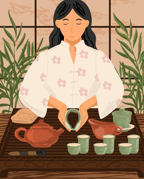 Tea ceremony. Hand drawn vector illustration. Beverage Illustration, Matcha Ceremony, Woman In Kimono, Tea Friends, Vector Art Illustration Graphics, Proper Tea, Tea Etiquette, Art Of Tea, Japan Graphic Design