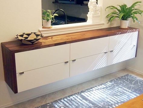 Floating IKEA Credenza Ikea Credenza, Ikea Floating Cabinet, Built In Sideboard, Ikea Sideboard, Dining Room Credenza, Floating Drawer, Ikea Drawers, Dining Room Updates, Ikea Wall