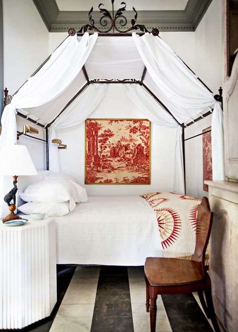 If this space were our guest bedroom for a weekend, we might never leave. With an iron canopy bed, sophisticated toile, and classic antique furniture, it’s the epitome of European elegance. Iron Canopy Bed, Small Bedroom Designs, Dreamy Bedrooms, Tiny Bedroom, Canopy Bed, Beautiful Bedrooms, Dream Bedroom, My New Room, Guest Bedroom