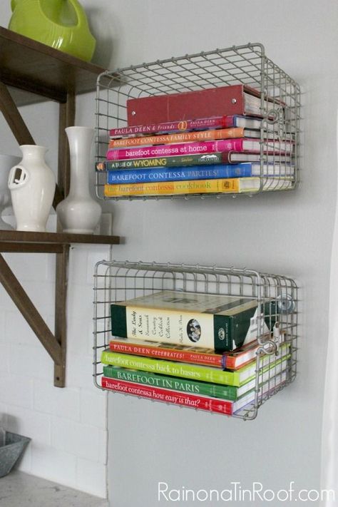 Cookbook Display, Kitchen Bookshelf, Cookbook Storage, Cookbook Shelf, Apartment Storage, Decor Ikea, Rustic Modern Kitchen, Wire Baskets, Vintage Modern