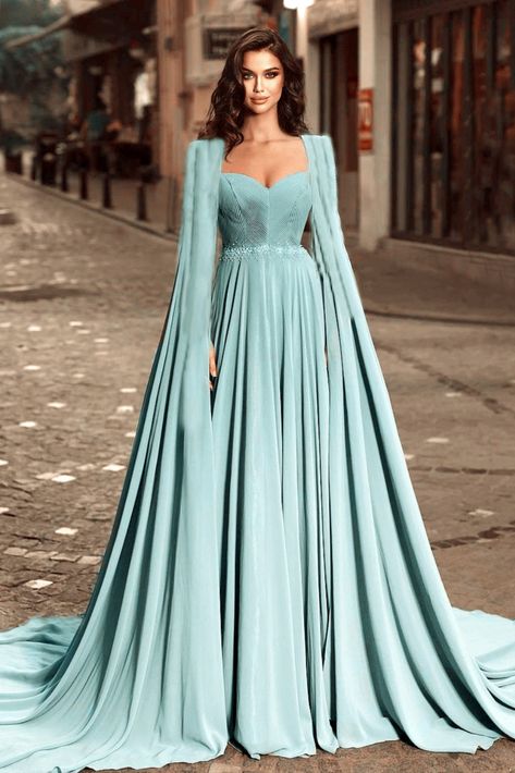 Blue Chiffon Formal Gown With Cape Flowy Cape Sleeves Evening Dress, Elegant Blue Gown With Cape Sleeves, Luxury Blue Dress With Cape Sleeves, Blue Maxi Dress With Cape Sleeves, Luxury Blue Maxi Dress With Cape Sleeves, Prom Trends, Gown With Cape, Long Flowing Dresses, Cape Sleeve Dress