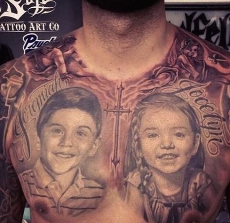 Cool Chest Realistic Portrait Children Tattoo for Men ... #tattooideas #chesttattoos Steve Soto, Sneakerhead Bedroom, Children Tattoos, Potrait Tattoo, Children Tattoo, Man Tattoos, Portrait Tattoo Sleeve, Og Abel, Full Chest Tattoos