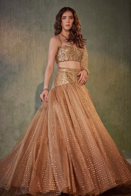 Buy Beige Organza Embroidered Hand Sequin And Pearl Embellished Bridal Lehenga Set For Women by Cedar & Pine Online at Aza Fashions. Tulle Corset, Lehenga Pattern, Organza Lehenga, Lehenga Designs Simple, Padded Blouse, Indian Bridal Outfits, Embroidered Tulle, Dress Indian Style, Lehenga Designs