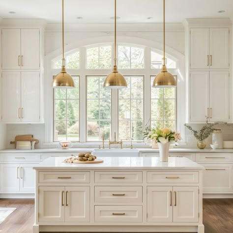 Welcome to a kitchen dreams are made of! 🌟 This white oasis with soaring ceilings and elegant arched windows epitomizes timeless sophistication. The abundance of natural light flooding in creates an airy atmosphere, while the white palette enhances the feeling of spaciousness. Who else is swooning over this picture-perfect space? ✨ #unionhomedesign #WhiteKitchen #HighCeilings #ArchedWindows #TimelessElegance #InteriorDesignInspo"#MainLineInteriors #MainLineDesign #PhiladelphiaDesigner #Mai... Cabinets In Breakfast Area, White Kitchen Renovation Ideas, Vaulted Ceiling Kitchen Windows, Natural Light Home Design, Modern Kitchen With Color, New Orleans Kitchen Design, Off White Farmhouse Kitchen, Lighted Cabinets In Kitchen, Arched Window In Kitchen