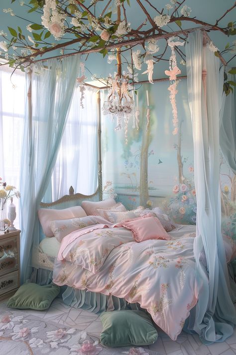 Transform Your Bedroom into a Fairy-Tale Retreat: Magical Decor Ideas Jewel Bedroom, Coquette Garden, Fairy Themed Bedroom, Fairy Garden Bedroom, Academia Coquette, Fairycore Bedroom, Fairytale Room, Fairy Dollhouse, Fairytale Bedroom