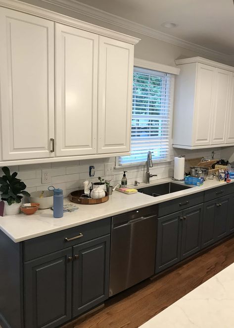 Charcoal Painted Cabinets, Night Owl Kitchen Cabinets, Sherwin Williams Wall Street, Dark Lower Cabinets Light Upper, Snowbound Sherwin Williams, Cabinets Sherwin Williams, Basement Cabinets, Dark Lower Cabinets, Sherwin Williams Snowbound