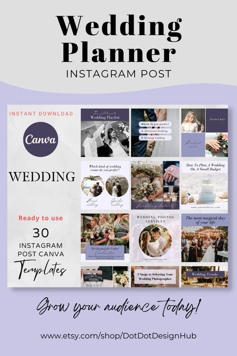 Purple Wedding Planner Instagram Post Canva templates with Real Text for wedding business, wedding planner, wedding coordinator and wedding sector are made to save you time! These modern and minimalist social media templates are perfect for all type of wedding service providers, influencers and bloggers. You’ll save time and effort in designing the instagram posts from scratch. Event Planning Social Media Posts, Wedding Planner Instagram Posts, Wedding Content Ideas, Support Small Business Quotes, Events Branding, Purple Instagram, Wedding Layout, Events Business, Small Business Quotes