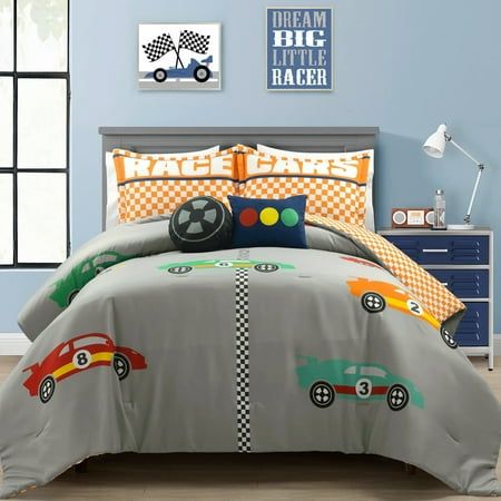 Steer into first place in parenting when you redecorate your kids bedroom with this colorful Racing Cars Reversible Comforter Set. Designed with racing cars, a checkered reverse and two accent pillows, this bedding set is all you'll need to fuel their imagination. This Racing Cars Reversible Comforter Set is ideal for children and tweens. The cars racing across the finish line will ignite the imagination of anyone lucky enough to have this in his or her bedroom. Oversized for their comfort, this bedding set features racing cars in a winning style. Decorated for true race fans, your child will love the model cars and checkered reverse of this Racing Cars Reversible Comforter Set. The steering wheel and traffic light pillow will have them feeling as if they are behind the wheel of their favo Hot Wheels Room, Orange Comforter, Race Car Bed, Car Comfort, Dec Pillows, Kids Comforters, Childrens Bedroom Decor, Lush Decor, Queen Comforter