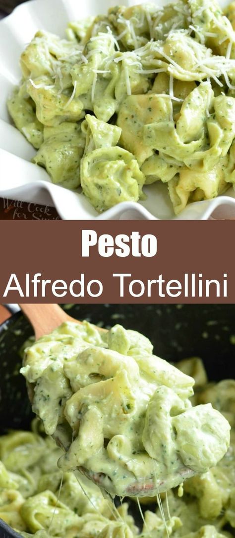 Pesto Pasta Tortellini, Creamy Pesto Alfredo Sauce, Chicken Pesto Tortellini Crockpot, Cheese Tortellini With Pesto Sauce, Chicken Pesto Alfredo Tortellini, Pesto Alfredo Pasta Recipes, Pesto Tortalini Recipes, Pesto Fettucini Alfredo, Pesto Tortellini With Sausage