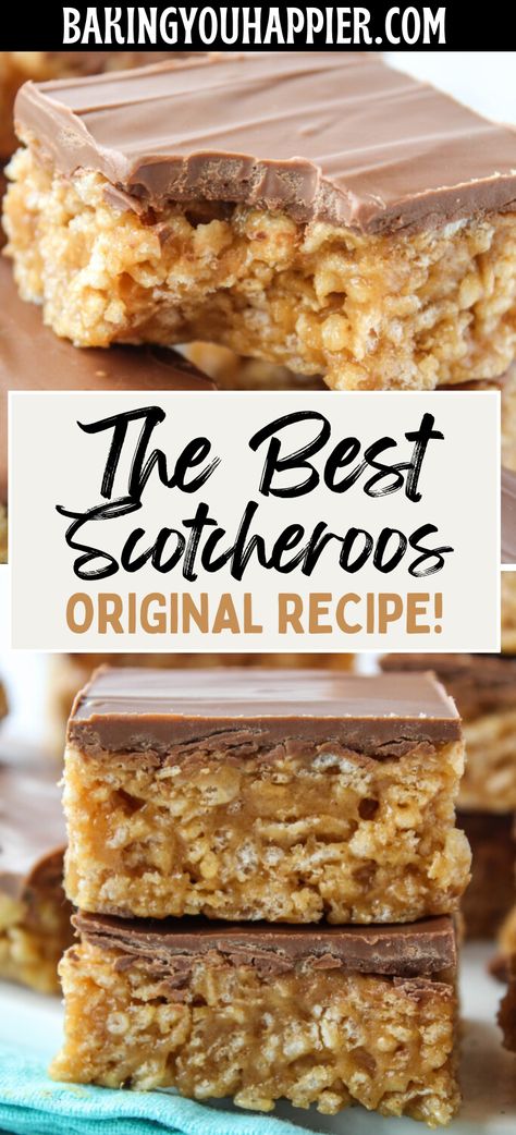 The Best Scotcheroos, this classic recipe for soft and chewy Scotcheroos is perfect for parties or potlucks! Scotcheroos Without Corn Syrup, Microwave Scotcharoos Recipe, How To Make Scotcheroos, Healthy Scotcheroos Recipe, Protein Scotcheroos, Chex Mix Dessert Recipes, Gluten Free Scotcheroos, Sweet Potluck Ideas, Easy Scotcharoos Recipe