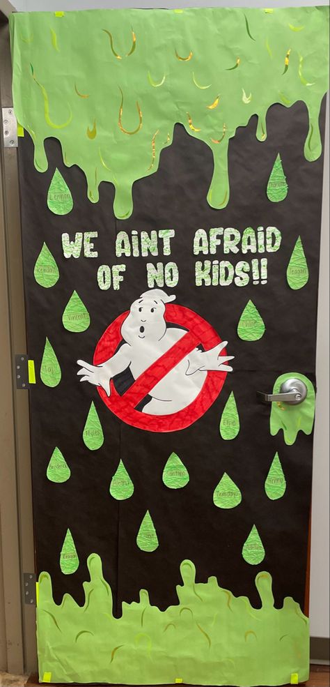 Ghostbuster Classroom Door Decoration, Ghostbuster Classroom Door, Spooky Halloween Classroom Doors, Room Mom Ideas Classroom Halloween, September Door Decorations Daycare, Halloween Class Door Decor, Ghostbuster Halloween Door, Cardboard Classroom Ideas, Halloween Daycare Door Ideas Preschool