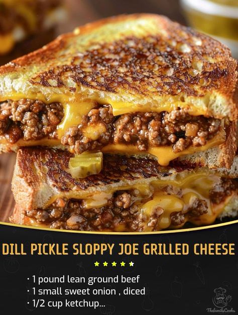 Dill Pickle Sloppy Joe Grilled Cheese, Sloopy Joes, Sloppy Joe Grilled Cheese, Cheesy Sloppy Joes, Grilled Cheese Sloppy Joe, Dill Pickles, Grilled Sandwich, Burger And Fries, Sloppy Joe